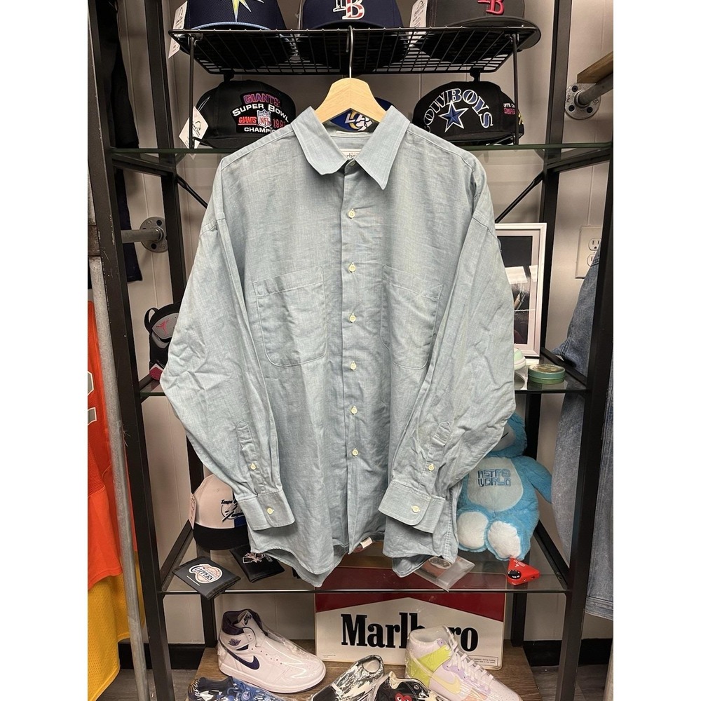 Vintage Burberry's of London Cotton Linen Blend Blue Oxford Shirt Size 16.5 Reg